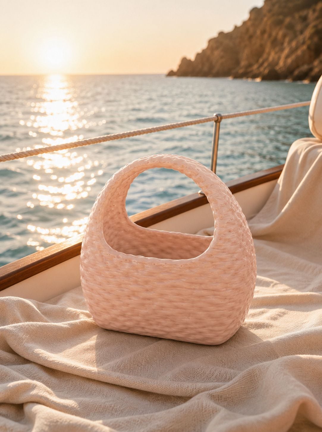 Bolso Mallorca de La Marquessa sobre la cubierta de un velero al atardecer