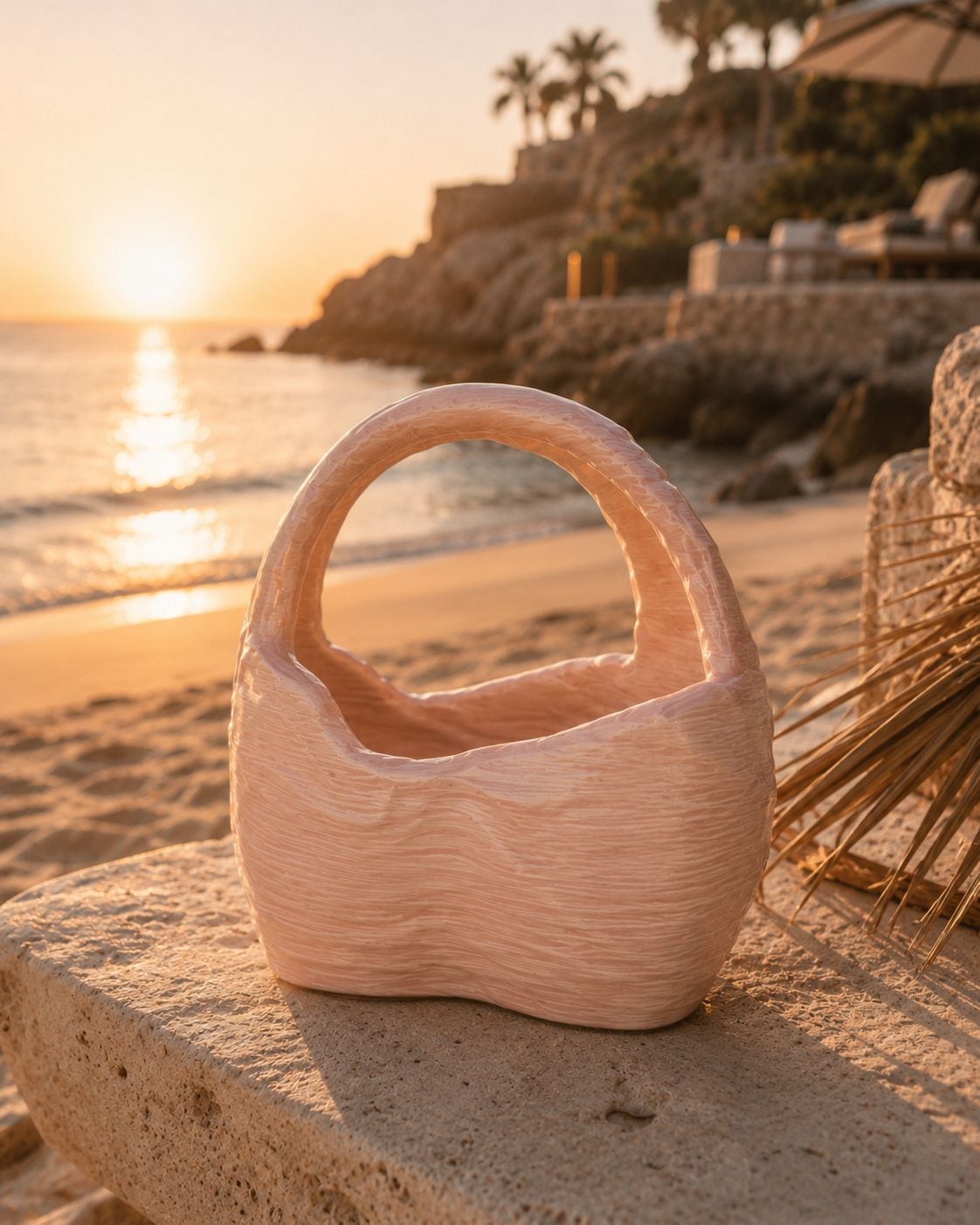 Bolso Montt de La Marquessa sobre una piedra en la playa, con el sol cayendo sobre el mar